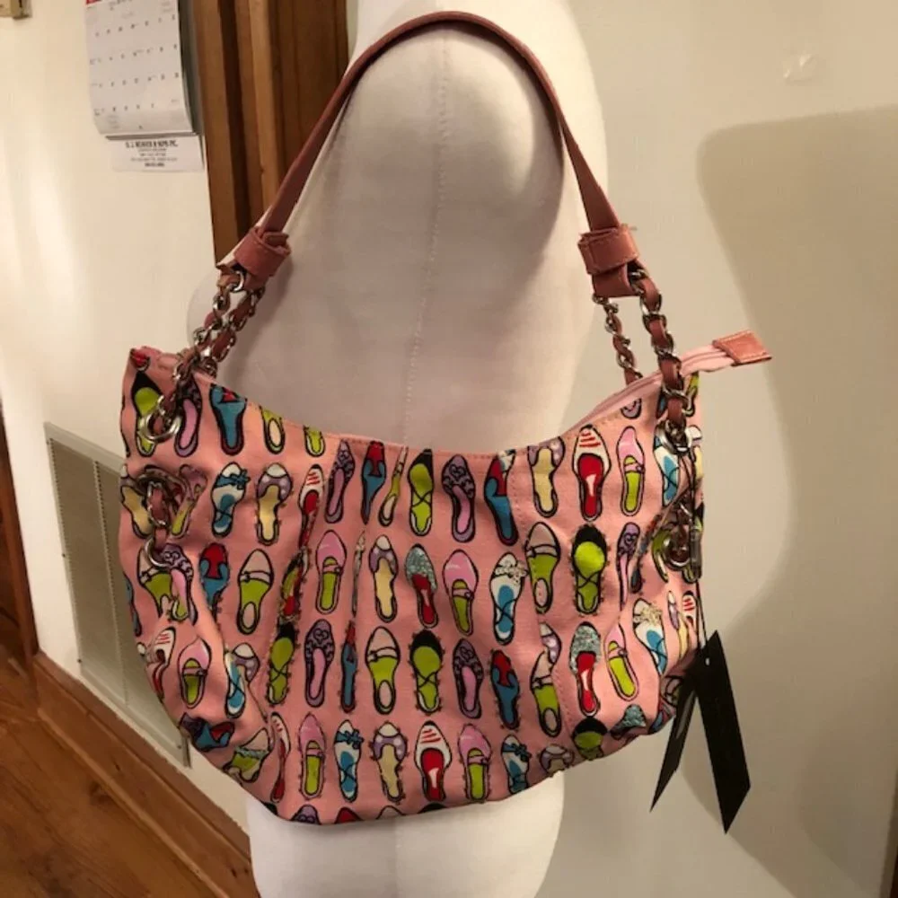 GIO CELLINI Bead Sequin Pink Canvas Shoe Print Hobo Shoulder Bag/Purse